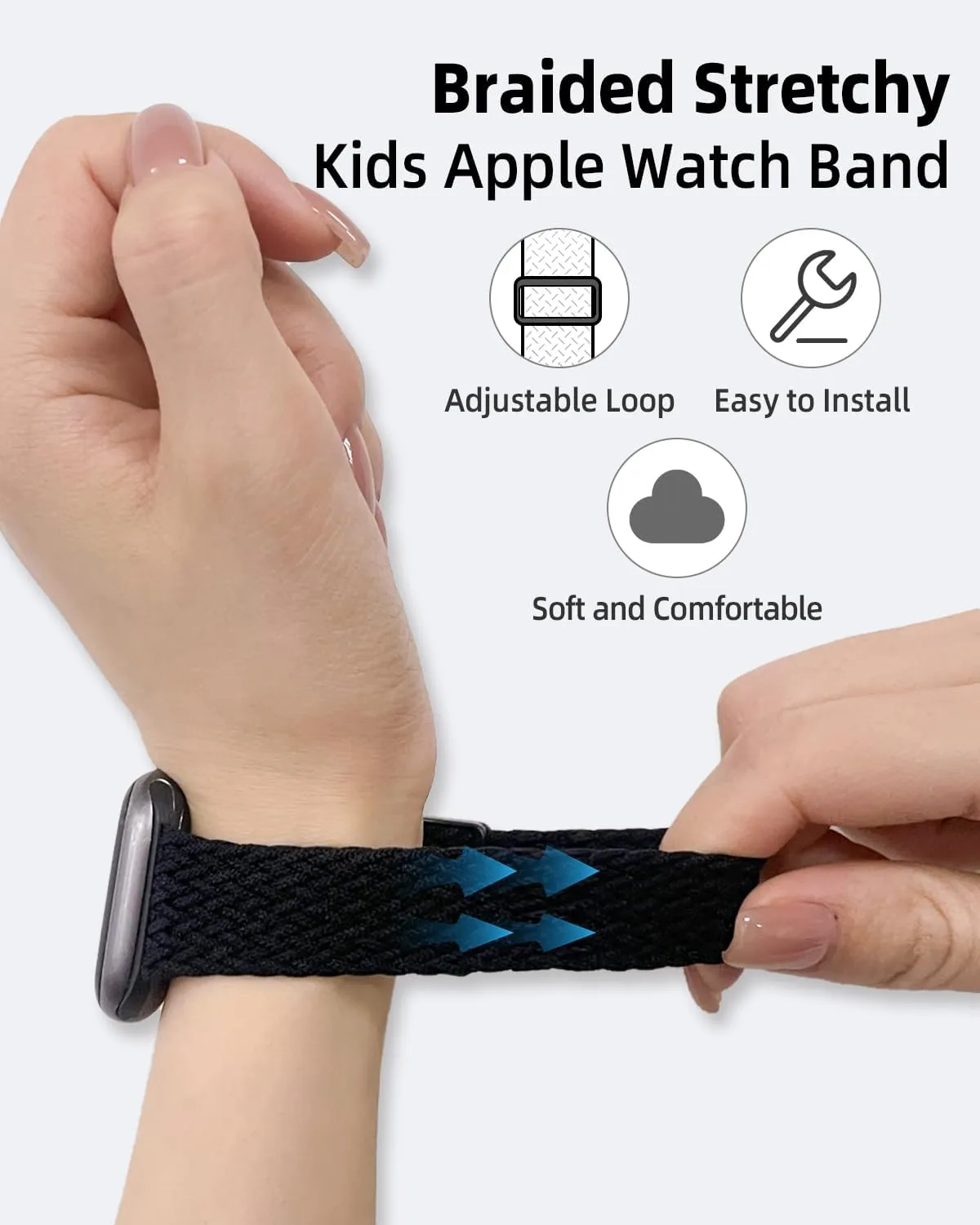 OWKEY Braided Solo Loop Compatible with Kids Apple Watch Band, Stretchy Breathable Strap with Easy Buckle for iWatch Series 9 8 7 6 5 4 3 SE SE2 Girls Boys Small Wrists