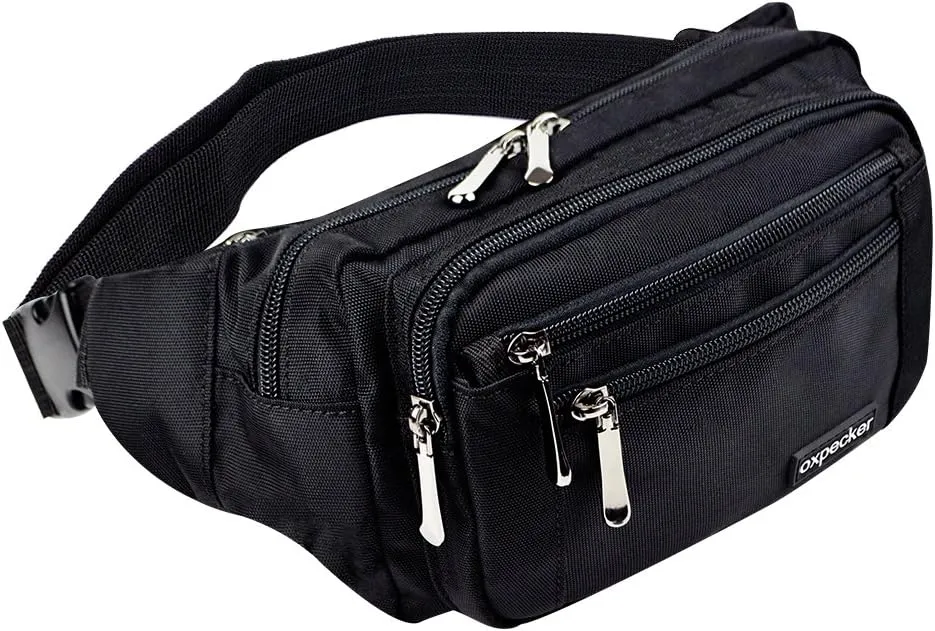 Oxpecker Waist Pack Bag with Rain Cover, Waterproof Fanny Pack for Men&Women, Workout Traveling Casual Running Hiking Cycling, Hip Bum Bag (black)