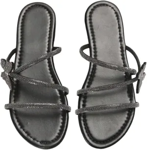 OYOANGLE Women's Butterfly Rhinestone Shiny Slide Sandals Strappy Slip on Flat Sandals Dressy Casual Sliders