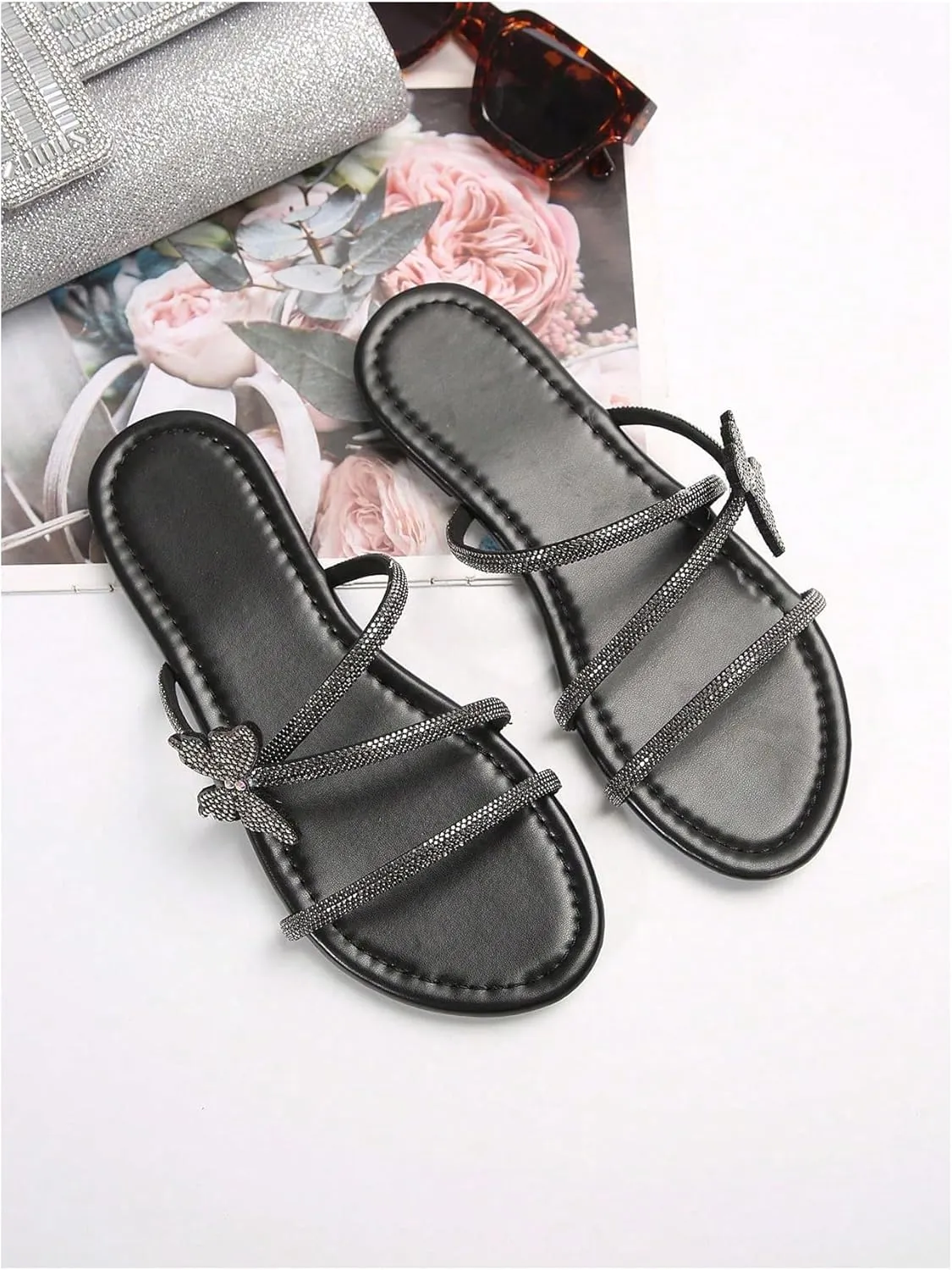 OYOANGLE Women's Butterfly Rhinestone Shiny Slide Sandals Strappy Slip on Flat Sandals Dressy Casual Sliders
