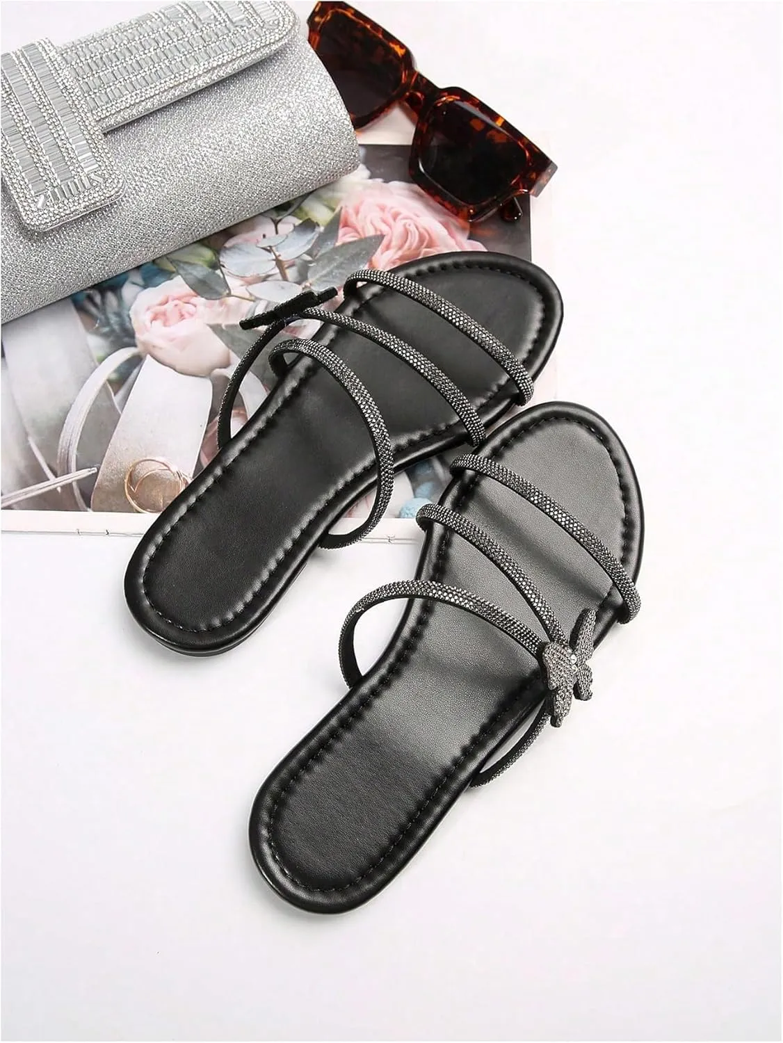 OYOANGLE Women's Butterfly Rhinestone Shiny Slide Sandals Strappy Slip on Flat Sandals Dressy Casual Sliders