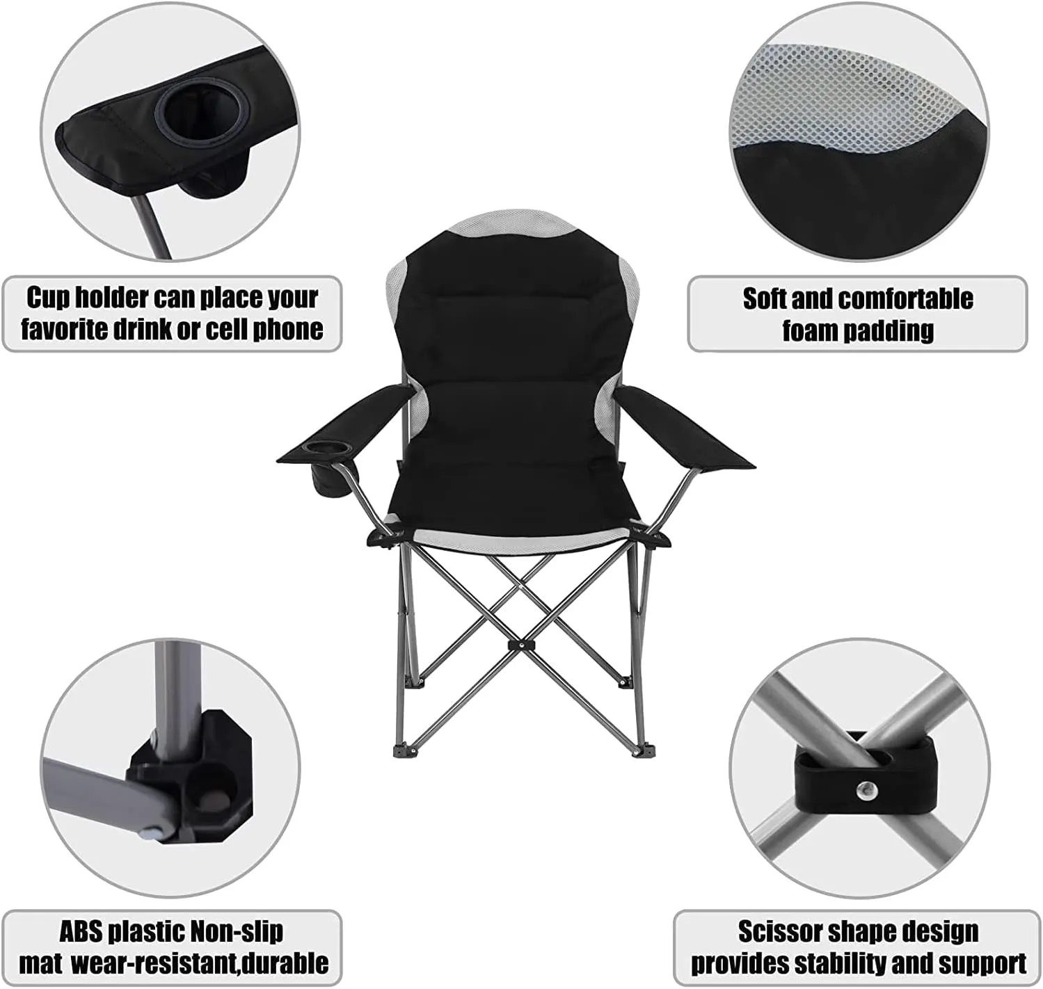 Padded Camping Chairs for Adults with Armrests and Cup Holder, Heavy Duty Folding Chair Portable for Fishing Beach, Perfect for Caravan Trips, BBQs, Garden, Picnic