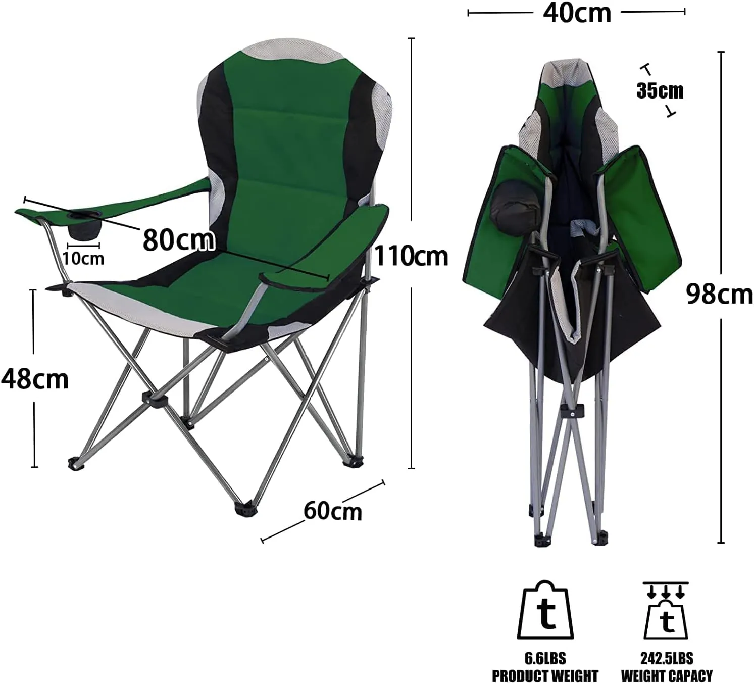 Padded Camping Chairs for Adults with Armrests and Cup Holder, Heavy Duty Folding Chair Portable for Fishing Beach, Perfect for Caravan Trips, BBQs, Garden, Picnic