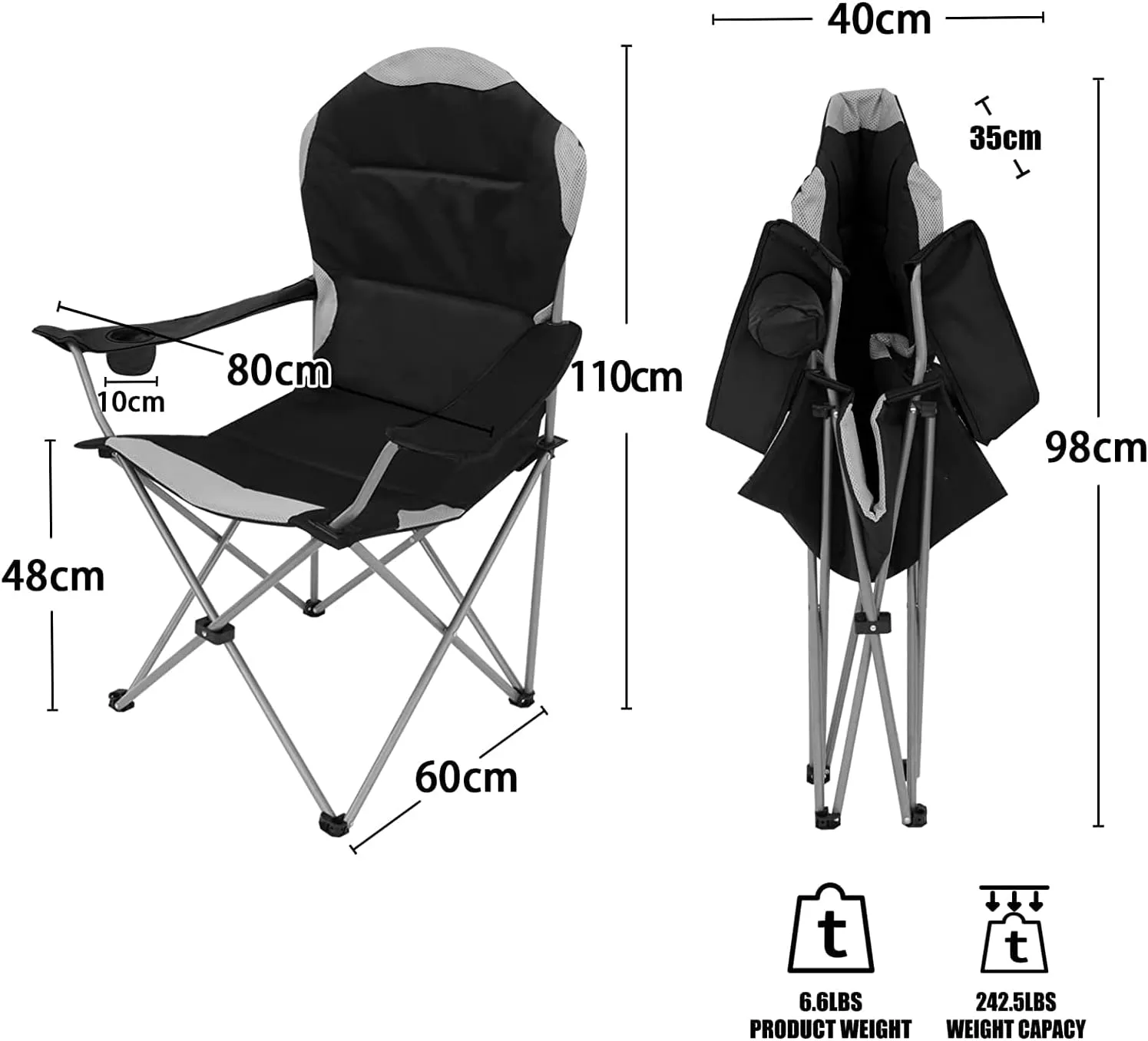 Padded Camping Chairs for Adults with Armrests and Cup Holder, Heavy Duty Folding Chair Portable for Fishing Beach, Perfect for Caravan Trips, BBQs, Garden, Picnic