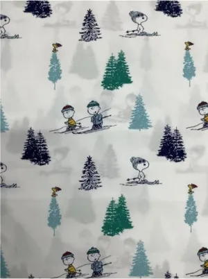 Peanuts Christmas Winter Themed Sheet Sets (White - Blue & Green Trees, Skiing, Queen)