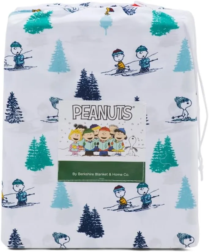 Peanuts Christmas Winter Themed Sheet Sets (White - Blue & Green Trees, Skiing, Queen)