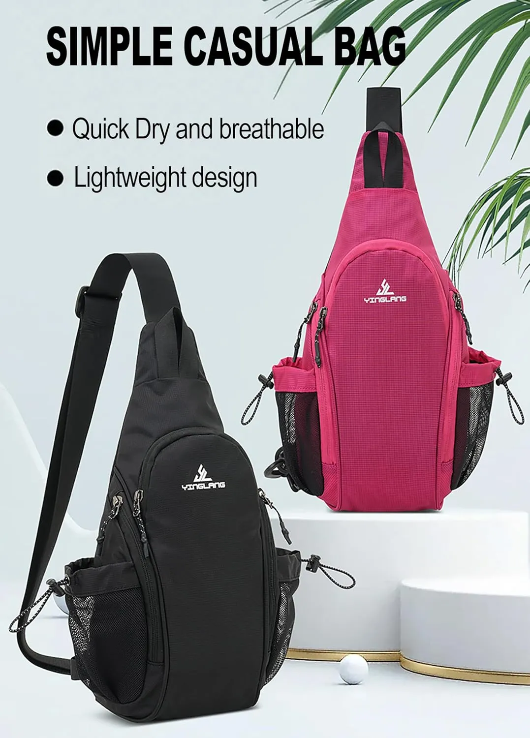 Peicees Small Sling Bag with 2 Bottle Holders, Sling Backpack Crossbody Bag Chest Daypack for Daily Use Travel, Bottle Not Included, Black