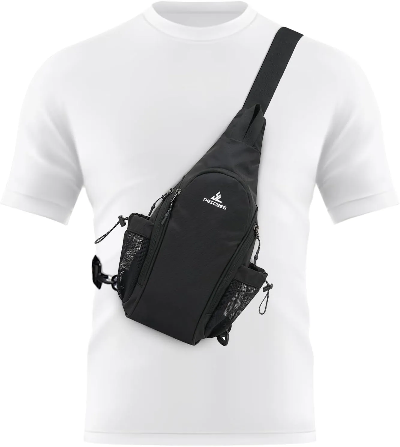 Peicees Small Sling Bag with 2 Bottle Holders, Sling Backpack Crossbody Bag Chest Daypack for Daily Use Travel, Bottle Not Included, Black