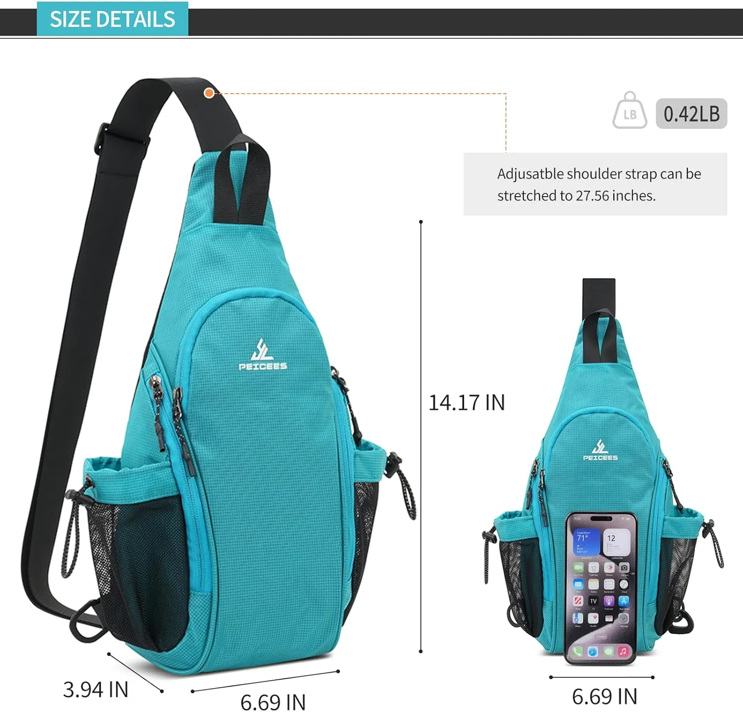 Peicees Small Sling Bag with 2 Bottle Holders, Sling Backpack Crossbody Bag Chest Daypack for Daily Use Travel, Bottle Not Included, Black