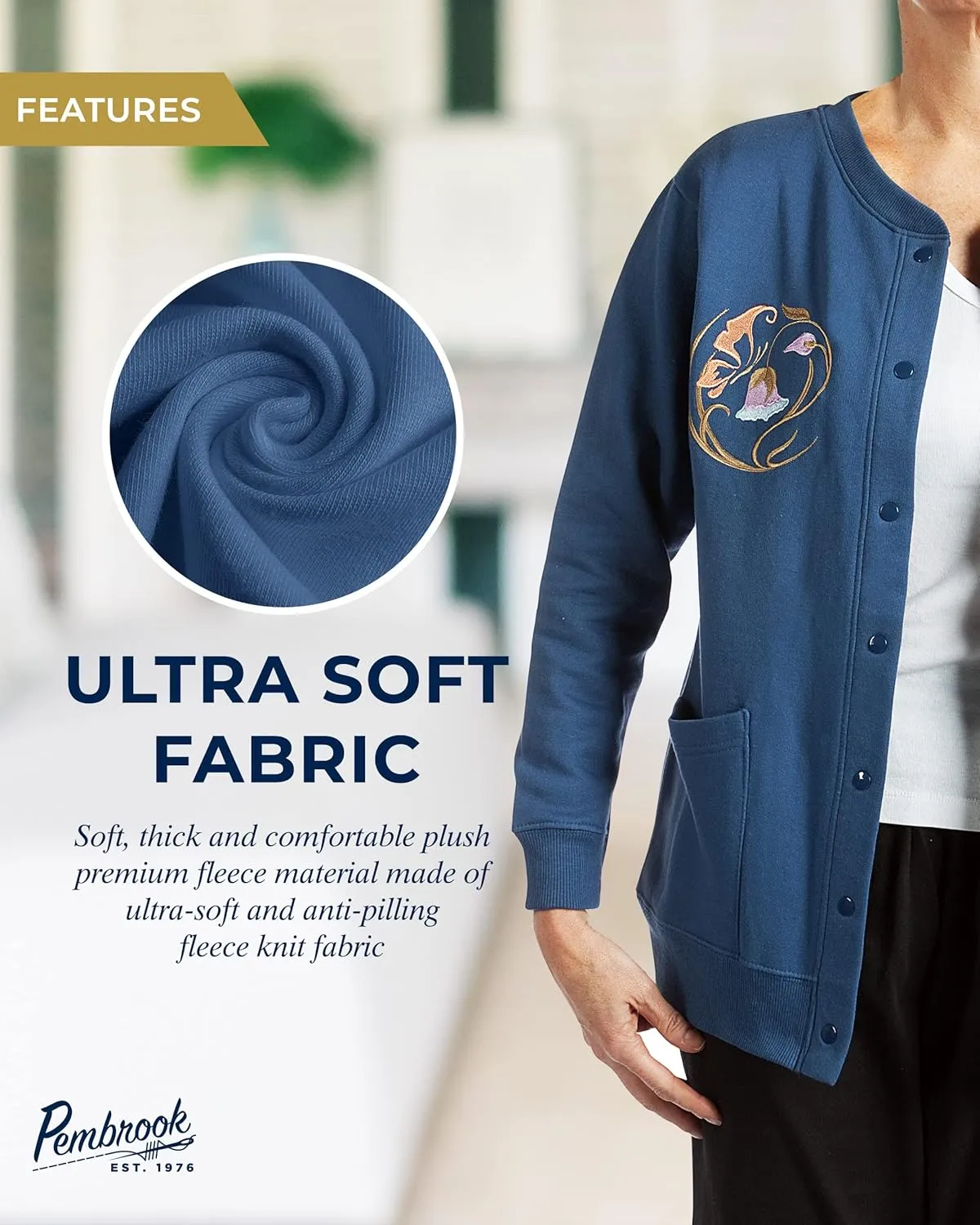 Pembrook Fleece Cardigans for Women with Pockets | Grandma Sweater with Snap Buttons | Embroidery Jackets Clothing for Senior