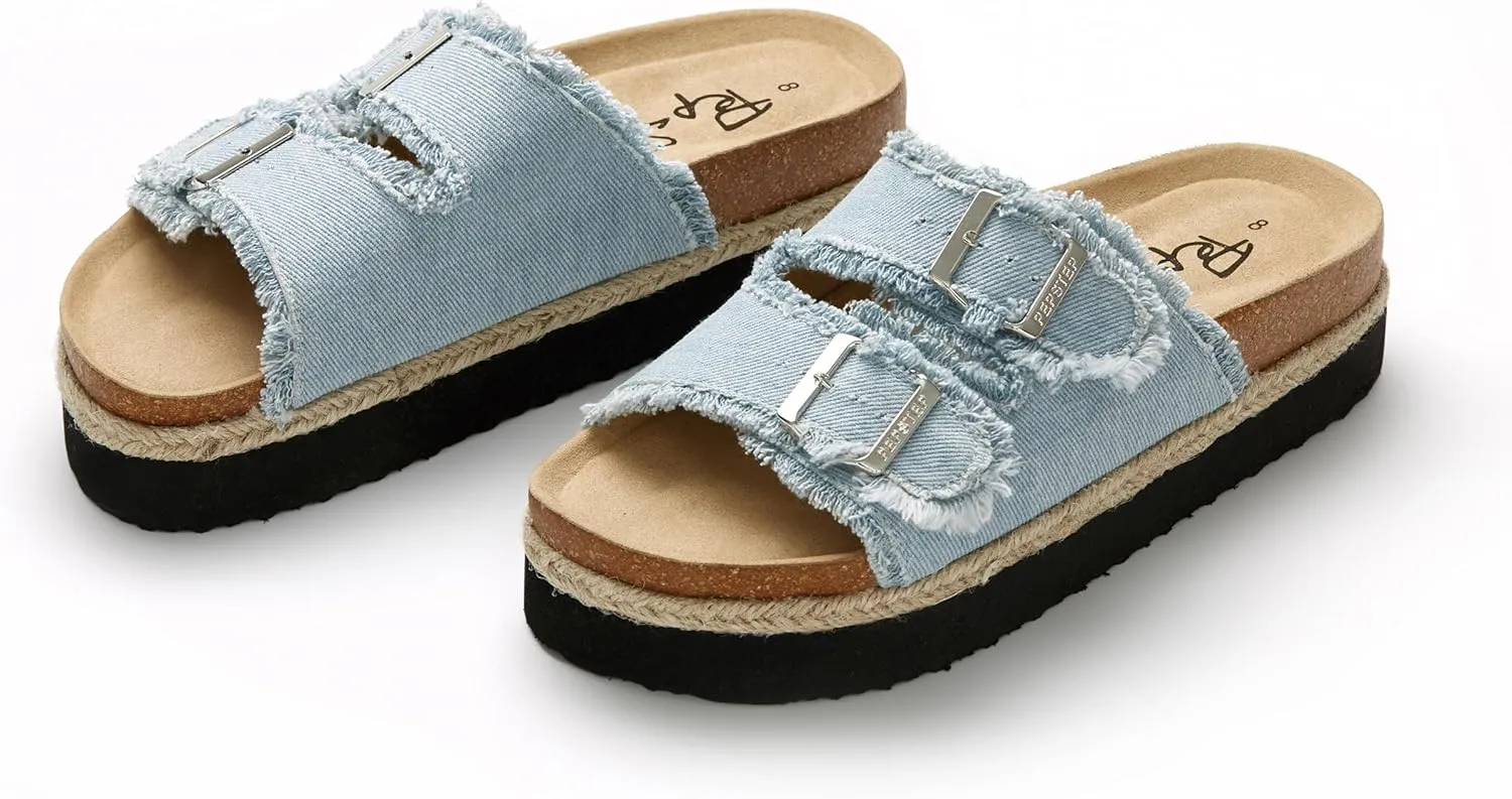 PepStep Slide Sandals for Women with Soft Cork Footbed and Strap, Ladies Fashion Platform Slide Sandals Comfortable Slip On Style