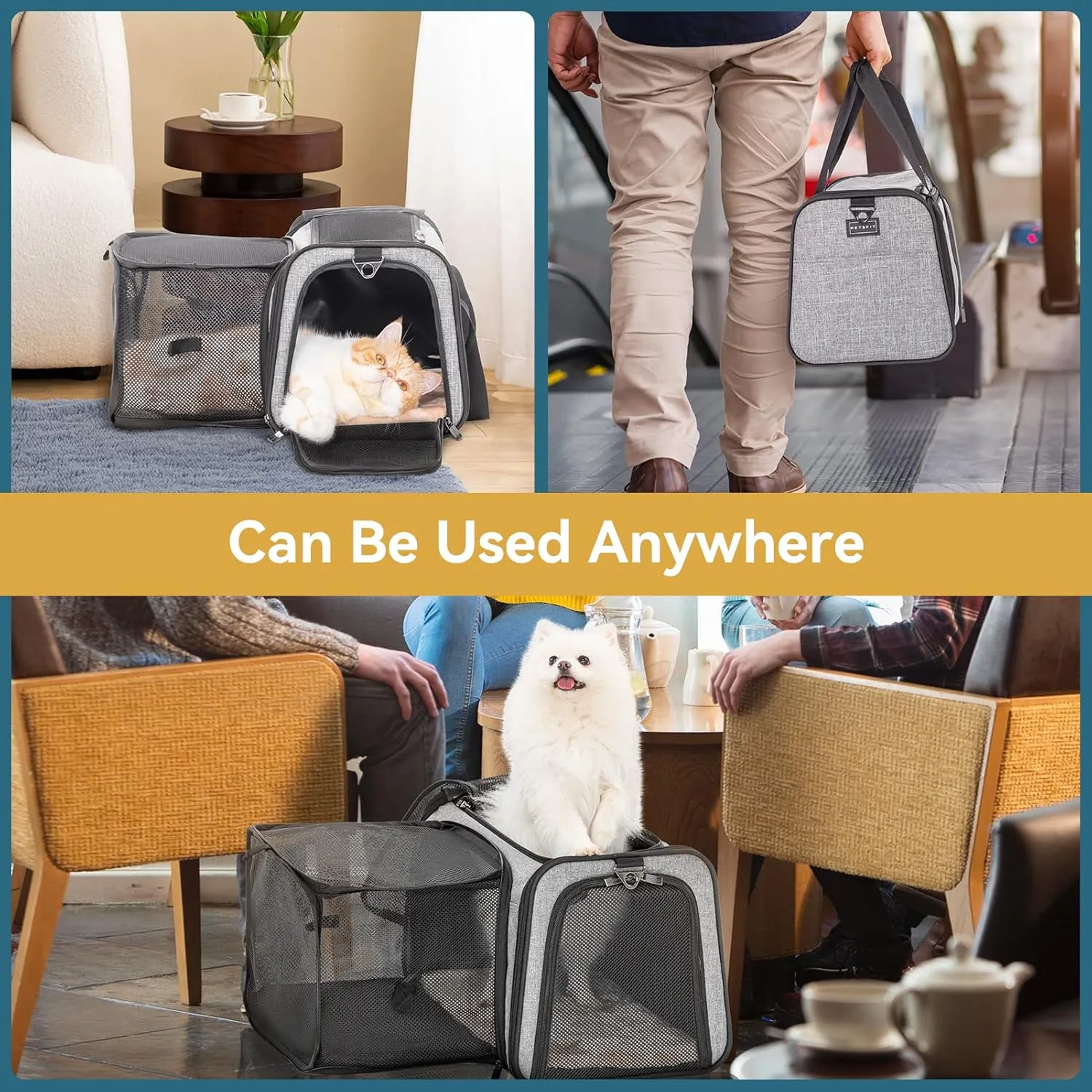 Petsfit Expandable Cat Carrier, 16"X10" X9" Pet Carrier Airline Approved, Soft-Sided Collapsible, Pet Carrier with Locking Safety Zippers, Removable Soft Plush Mat, Pocket for Pets up to 10lbs, Gray,S