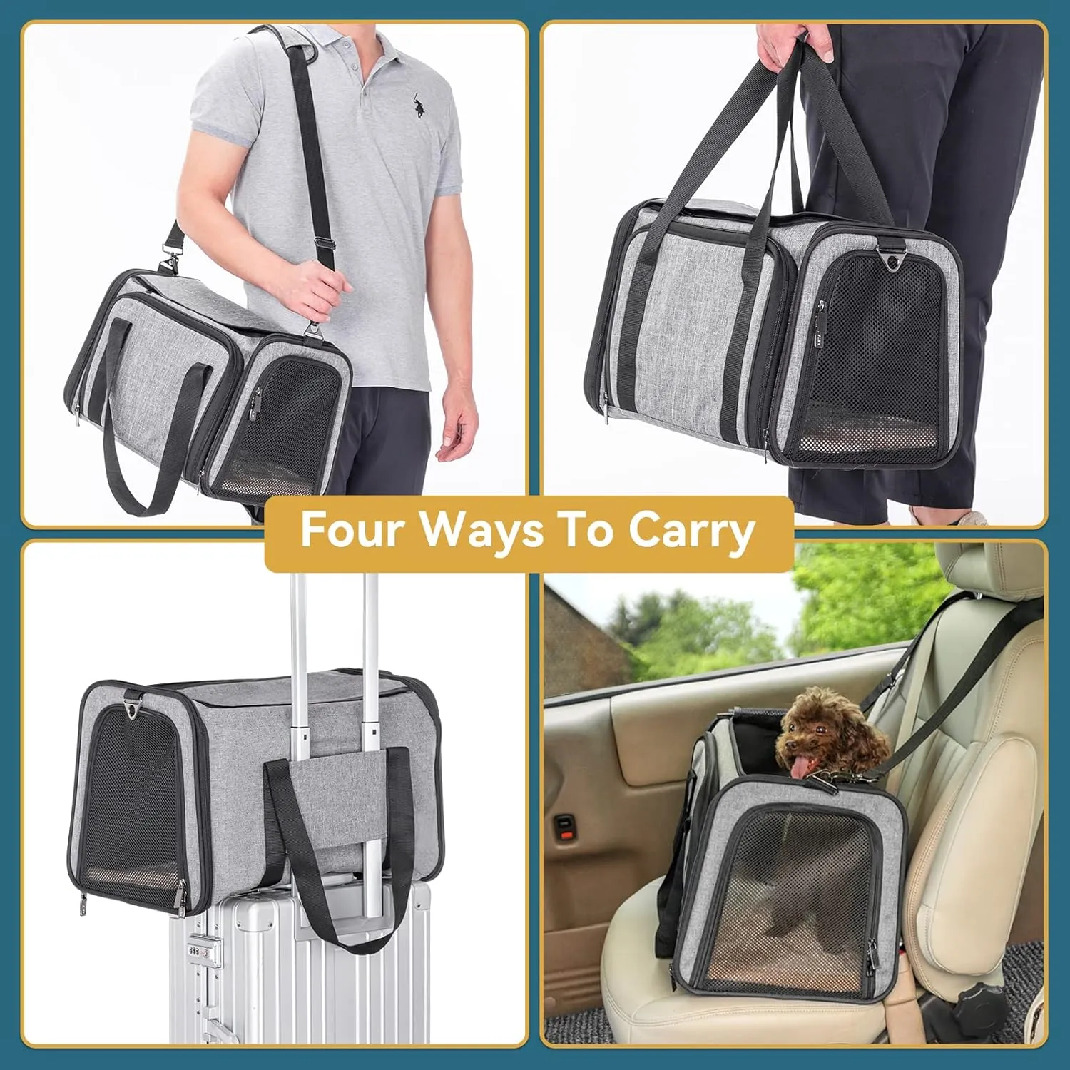 Petsfit Expandable Cat Carrier, 16"X10" X9" Pet Carrier Airline Approved, Soft-Sided Collapsible, Pet Carrier with Locking Safety Zippers, Removable Soft Plush Mat, Pocket for Pets up to 10lbs, Gray,S