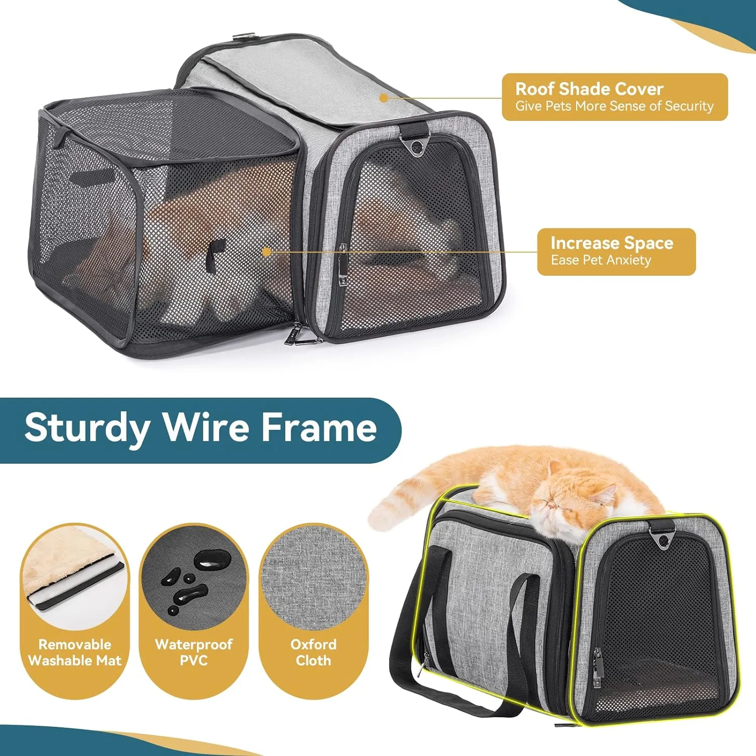 Petsfit Expandable Cat Carrier, 16"X10" X9" Pet Carrier Airline Approved, Soft-Sided Collapsible, Pet Carrier with Locking Safety Zippers, Removable Soft Plush Mat, Pocket for Pets up to 10lbs, Gray,S