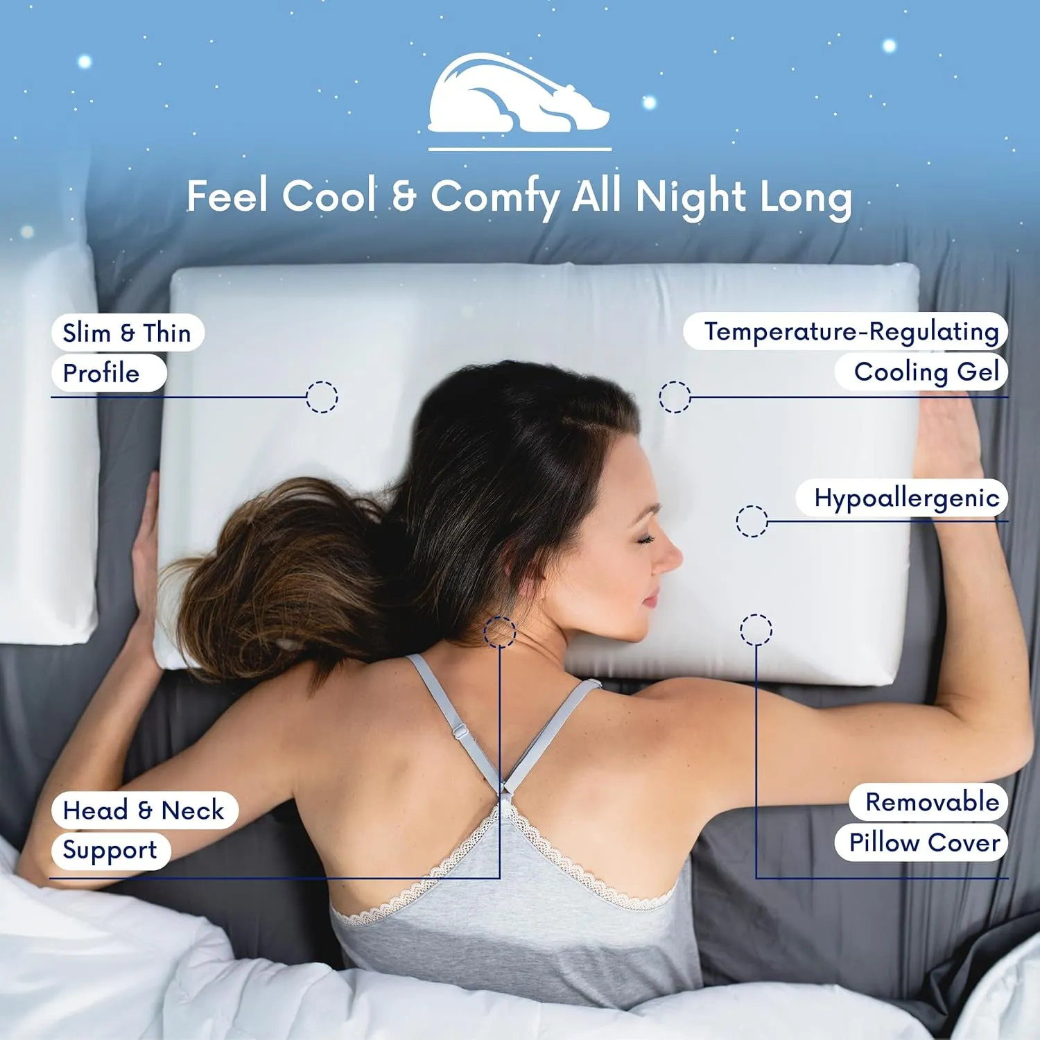 Pillow for Stomach Sleeper – Cooling Gel Memory Foam Cushion with Moisture-Wicking Cover – Cool Gentle Ultra Thin Pillow for Sleeping – Slim Flat Pillows for Sleeping Thin Ultimate Comfort - Extra Gel