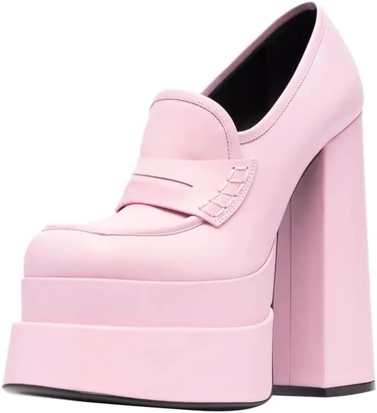 Platform Loafers High Block Heeled Mary Janes for Women Ladies Comfortable Chunky Dress Slip On Square Toe Shoes