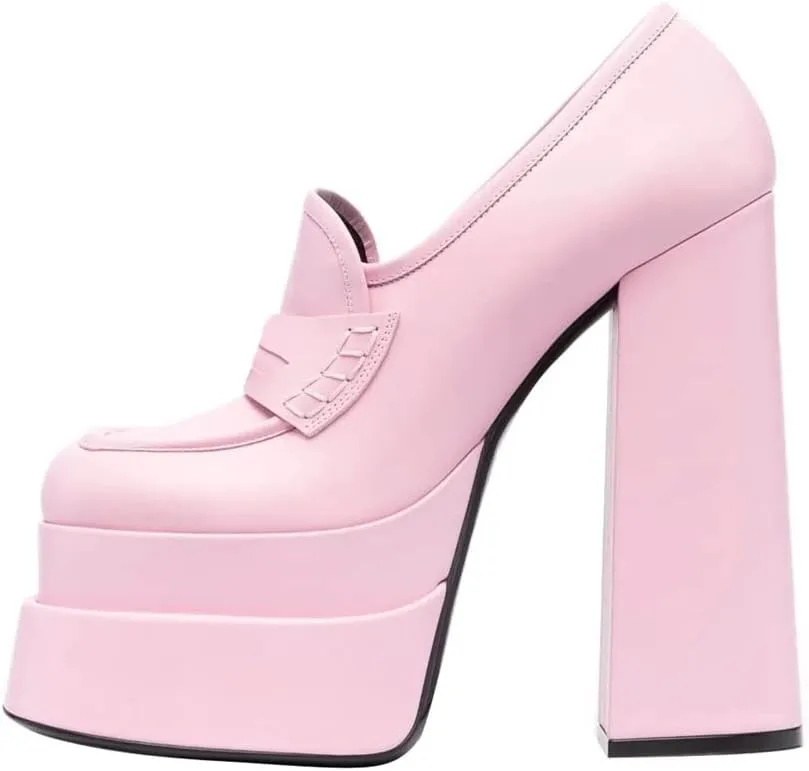 Platform Loafers High Block Heeled Mary Janes for Women Ladies Comfortable Chunky Dress Slip On Square Toe Shoes