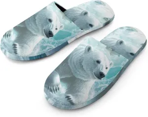 Polar Bears Brave The Arctic Comfort Mens Flannel Slippers Winter Warm Slip-on House Shoes For Home Office Hotel