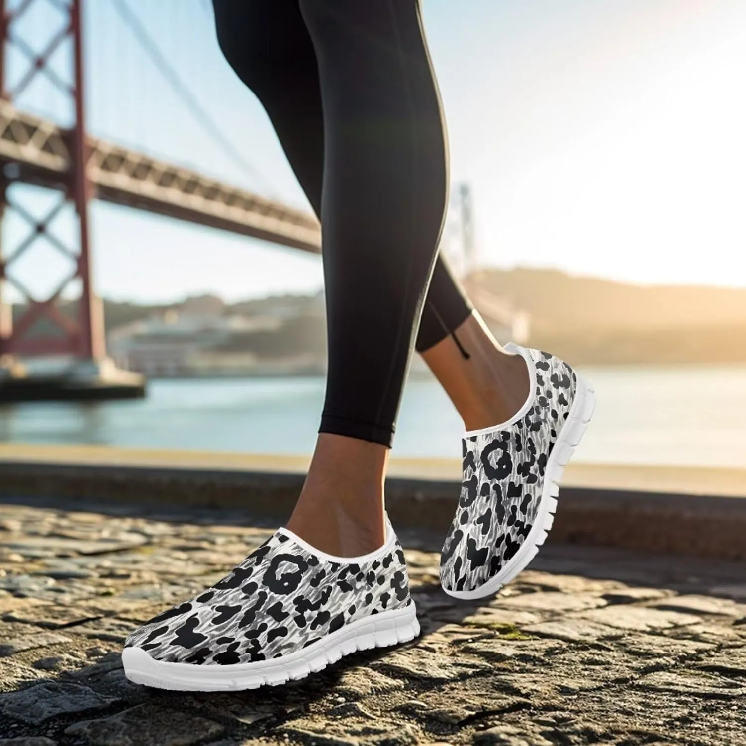 Pop Leopard Print Slip on Shoes Women Low Top Casual Mesh Shoes with Arch Support Insole Business Work Outdoor Sneaker