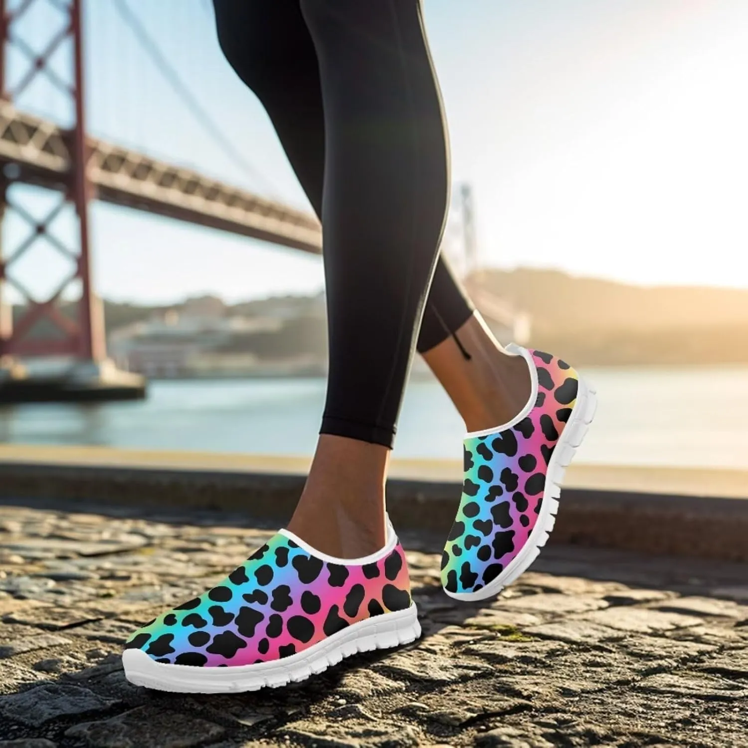 Pop Leopard Print Slip on Shoes Women Low Top Casual Mesh Shoes with Arch Support Insole Business Work Outdoor Sneaker