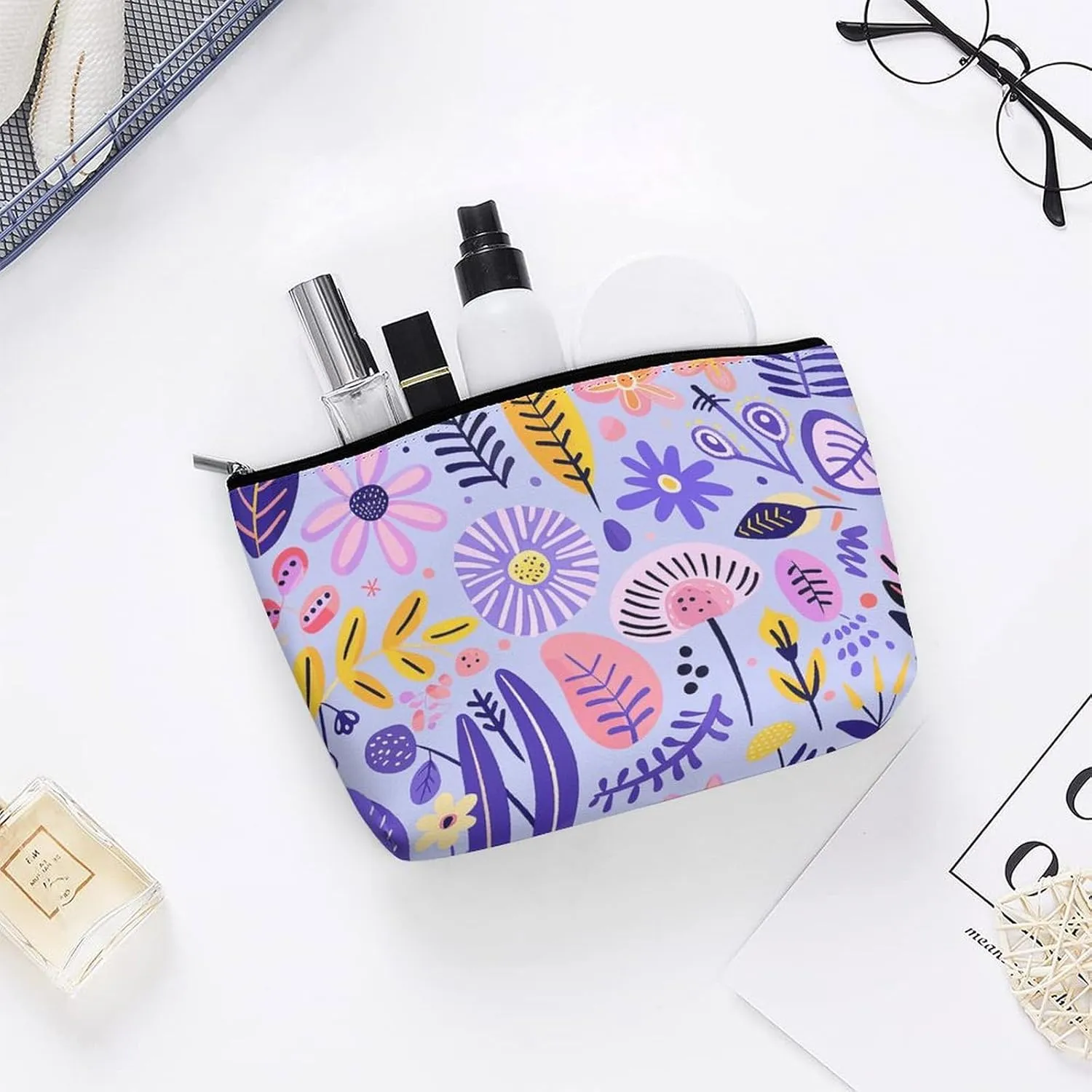 Portable Small Cosmetic Bag Cute Travel Makeup Bag Soft Purple Pattern Waterproof Toiletry Bag for Women