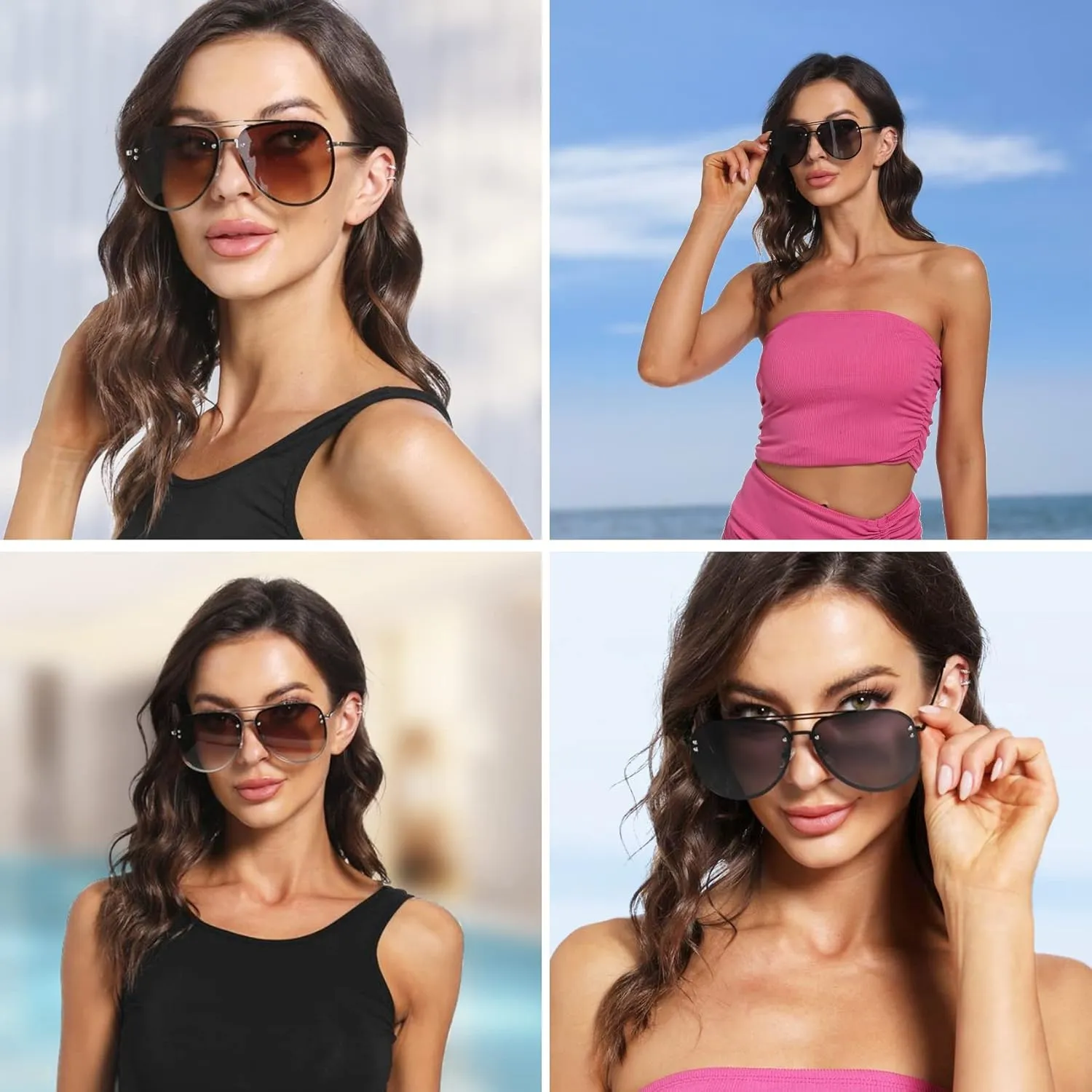 Premium Rimless Oversized Aviator Sunglasses for Women, Polarized PC Lens UV Protection Women’s Shade VF2203