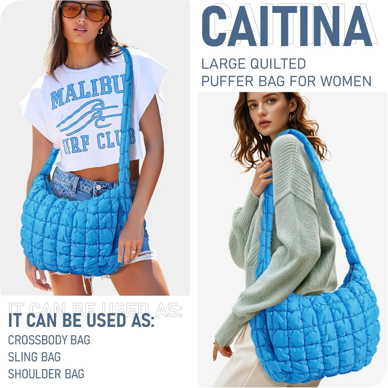 Puffer Bag for Women,Large Lightweight Quilted Tote Bag for Women Puffy Hobo Crossbody Handbags with Padding,Zip Pockets