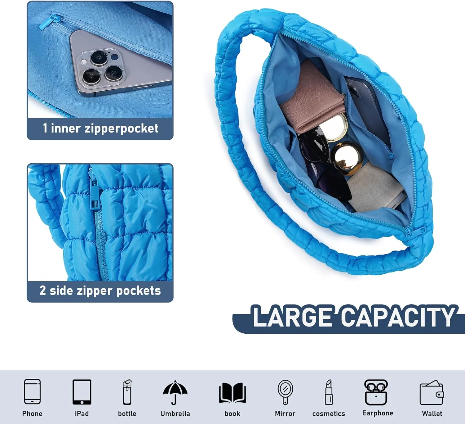 Puffer Bag for Women,Large Lightweight Quilted Tote Bag for Women Puffy Hobo Crossbody Handbags with Padding,Zip Pockets