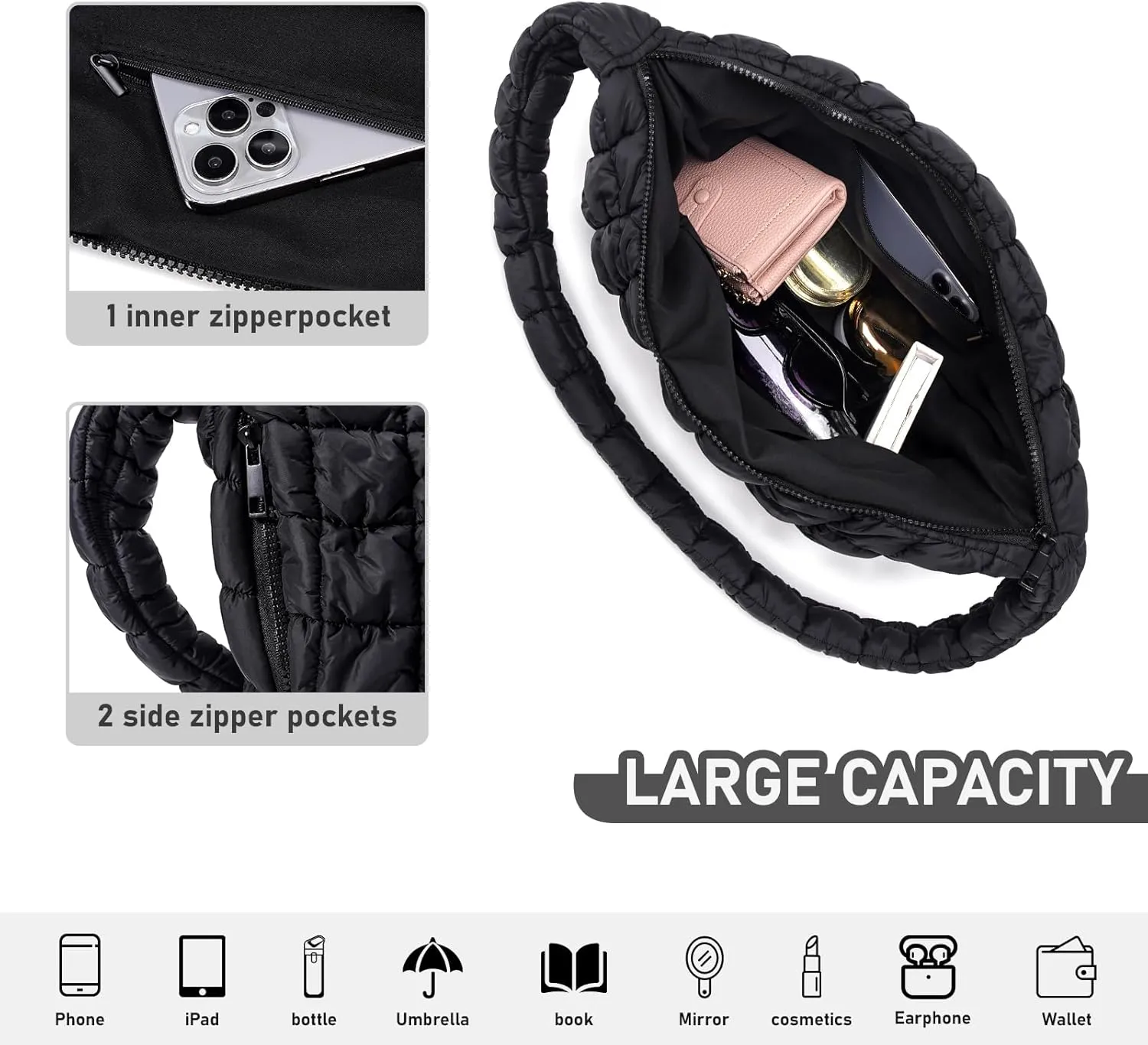 Puffer Bag for Women,Large Lightweight Quilted Tote Bag for Women Puffy Hobo Crossbody Handbags with Padding,Zip Pockets