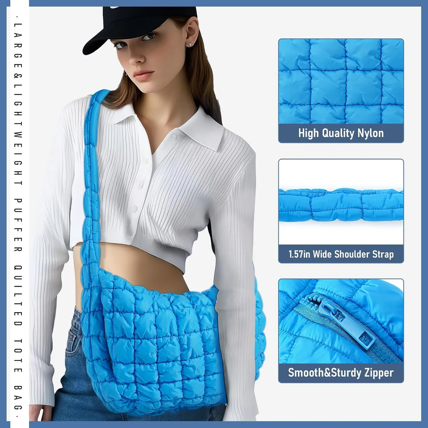 Puffer Bag for Women,Large Lightweight Quilted Tote Bag for Women Puffy Hobo Crossbody Handbags with Padding,Zip Pockets