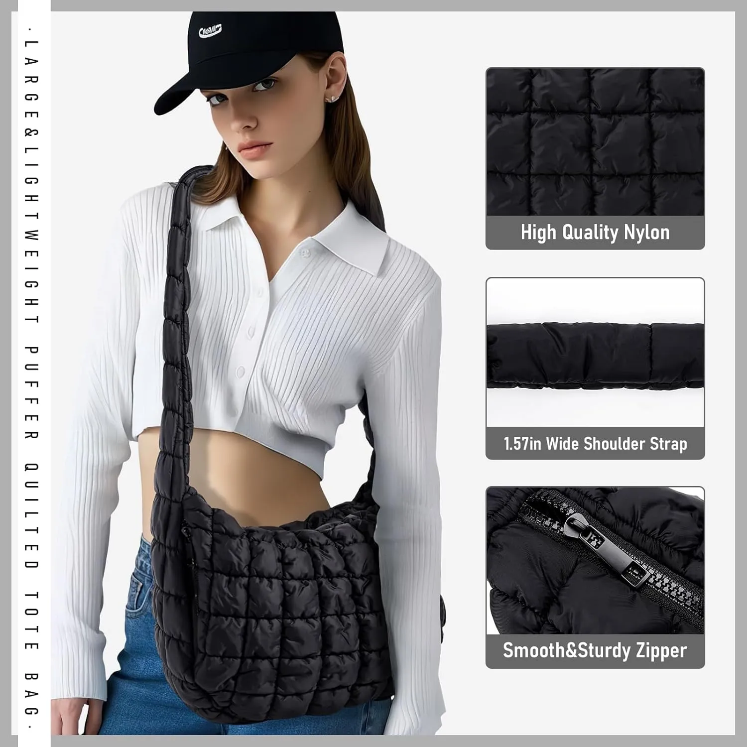 Puffer Bag for Women,Large Lightweight Quilted Tote Bag for Women Puffy Hobo Crossbody Handbags with Padding,Zip Pockets