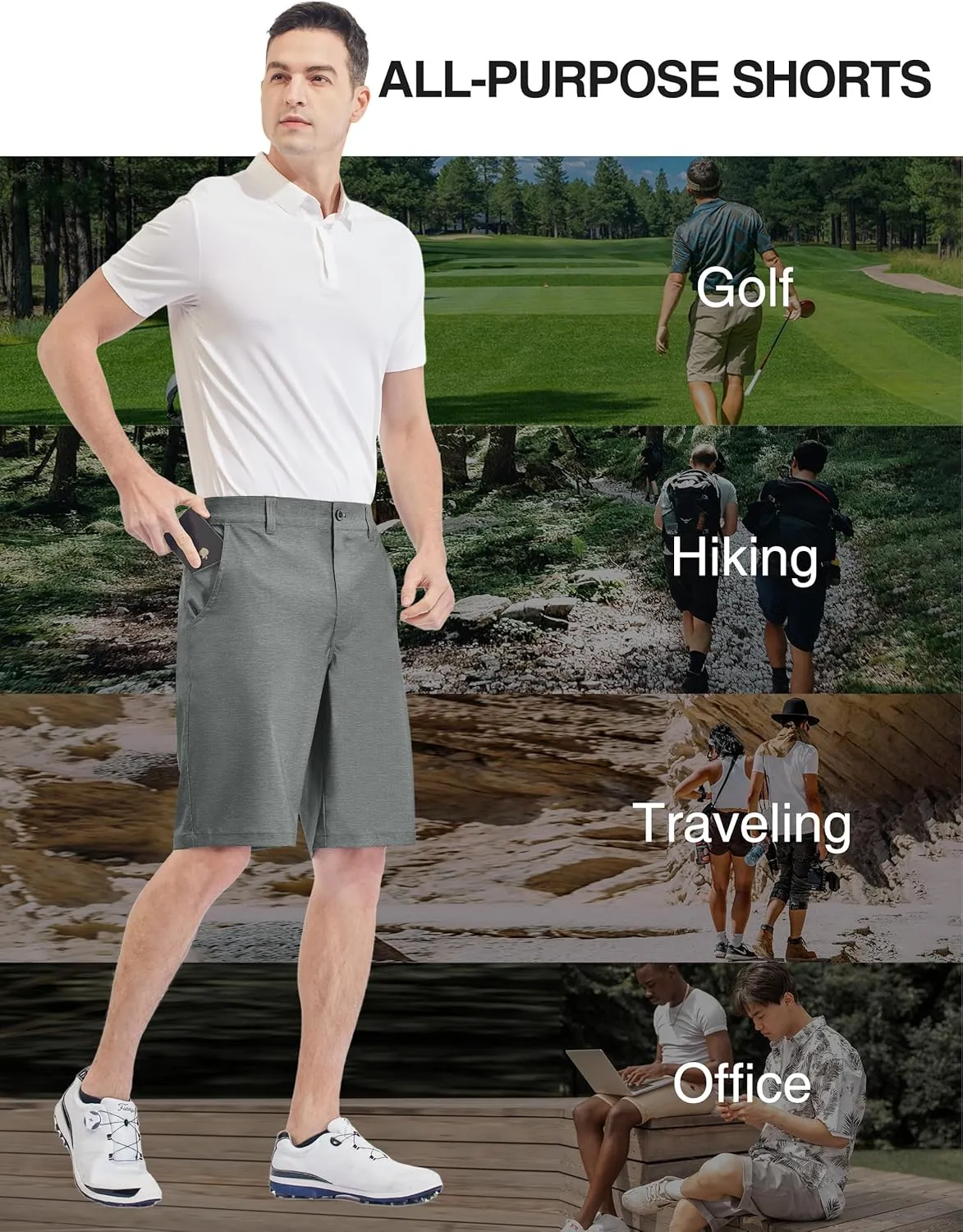PULI Men's 10" Golf Shorts Dress Casual Summer Flat Front Lightweight Travel Short with Pockets