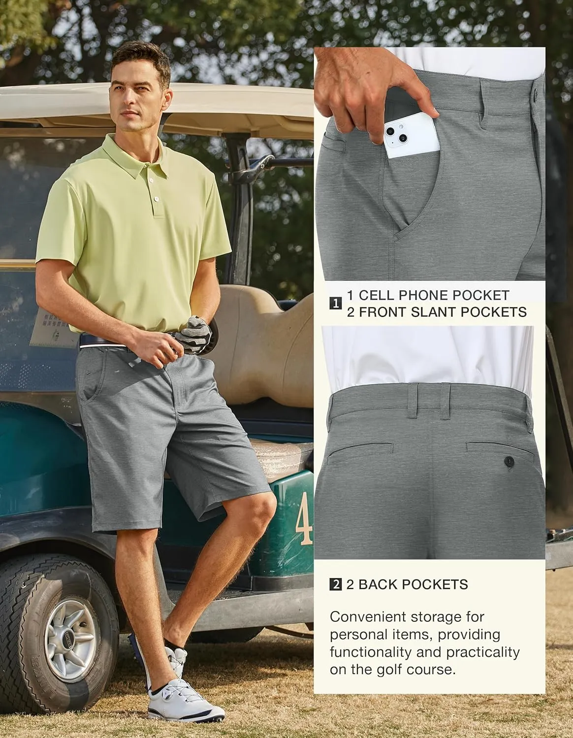 PULI Men's 10" Golf Shorts Dress Casual Summer Flat Front Lightweight Travel Short with Pockets