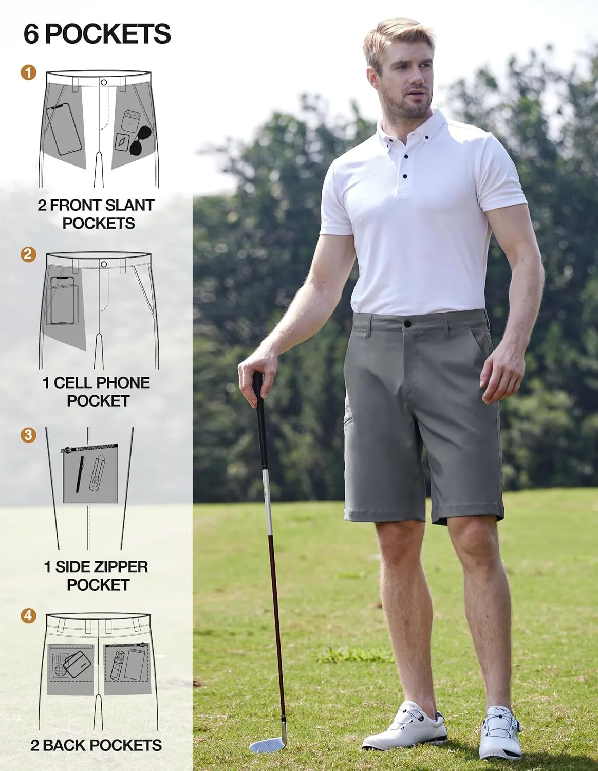 PULI Men's Golf Hybrid Dress Shorts Casual Summer Stretch Flat Front Lightweight Hiking Shorts Quick Dry with Pockets