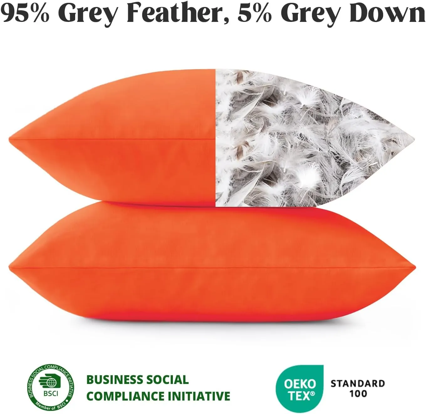 puredown® Outdoor Water Resistant Throw Pillows, Feathers and Down Filled Decorative Pillows for Couch Cushion Garden Bench 12 x 20 Inch, Set of 2, Orange
