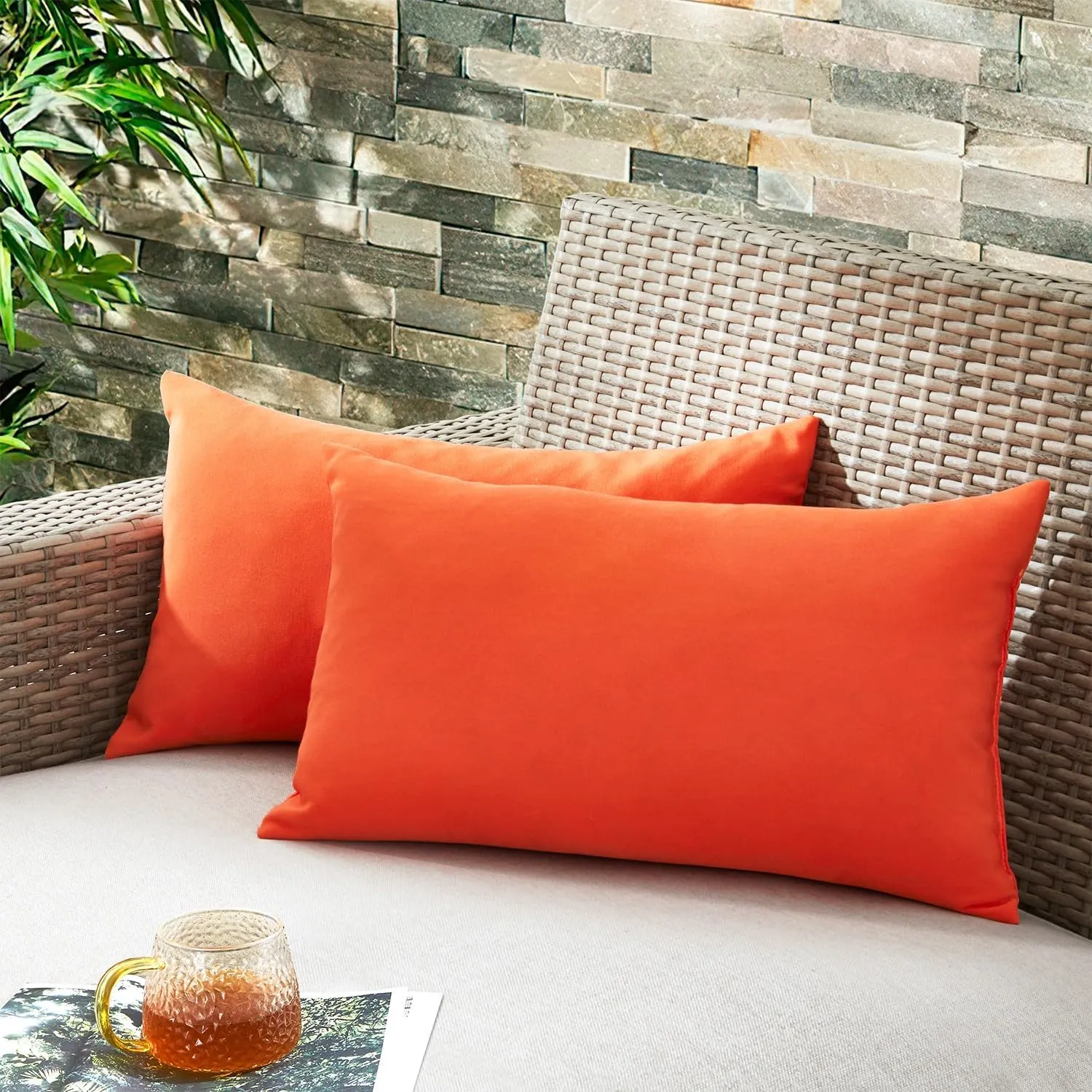 puredown® Outdoor Water Resistant Throw Pillows, Feathers and Down Filled Decorative Pillows for Couch Cushion Garden Bench 12 x 20 Inch, Set of 2, Orange