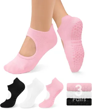 Purplepig 3 Pairs Grip Pilates Socks Non-Slip Yoga Socks for Women Pilates, Pure Barre, Barefoot Workout, Pregnancy, Hospital