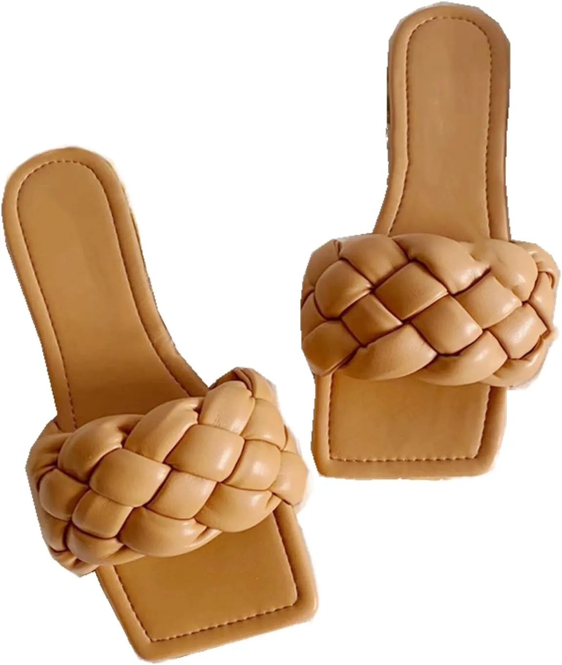 QMFUR Women Square Toe Flat Sandals Woven Leather Slippers Beach slides