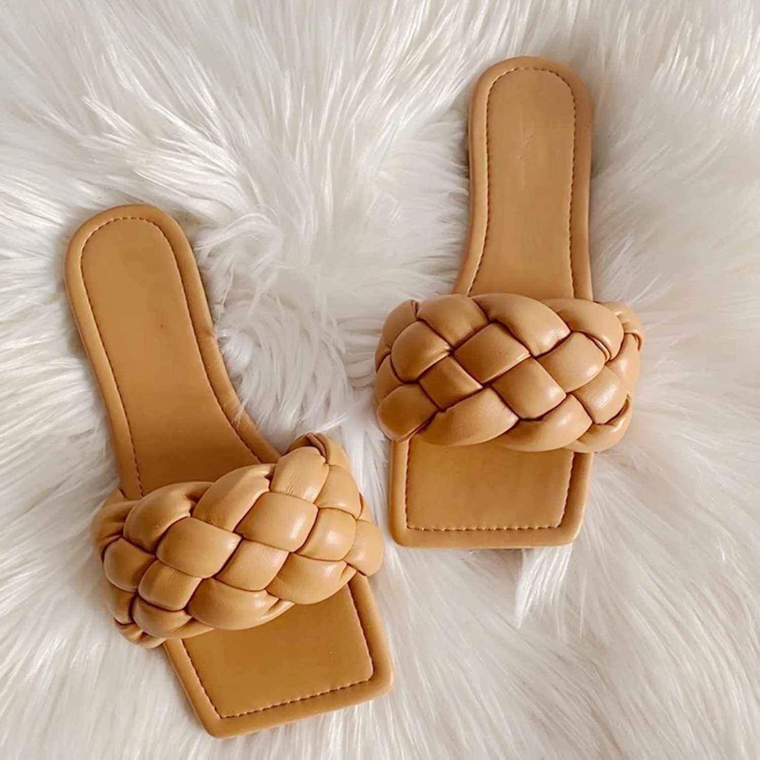 QMFUR Women Square Toe Flat Sandals Woven Leather Slippers Beach slides