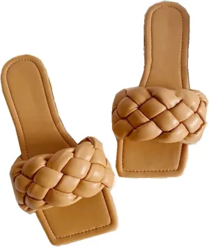 QMFUR Women Square Toe Flat Sandals Woven Leather Slippers Beach slides