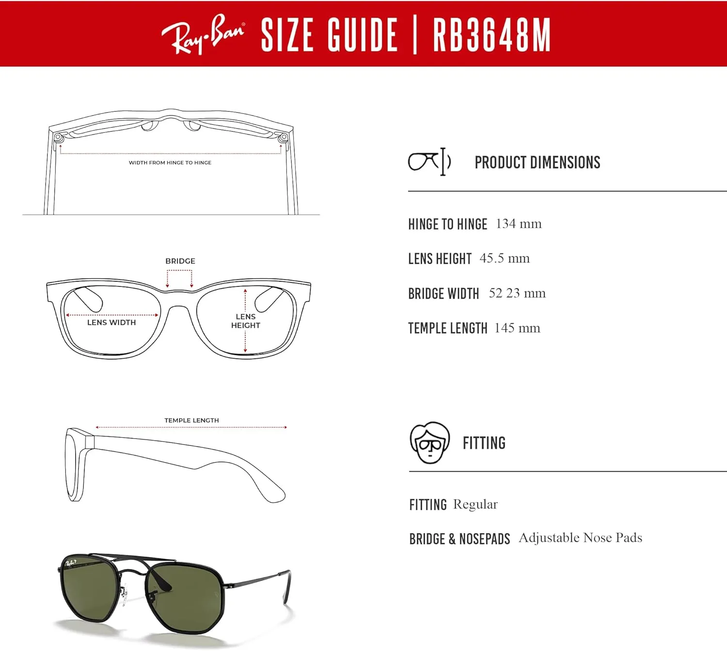 Ray-Ban The Marshal II RB3648M Hexagonal Sunglasses for Men for Women   BUNDLE With Designer iWear Complimentary Eyewear Kit
