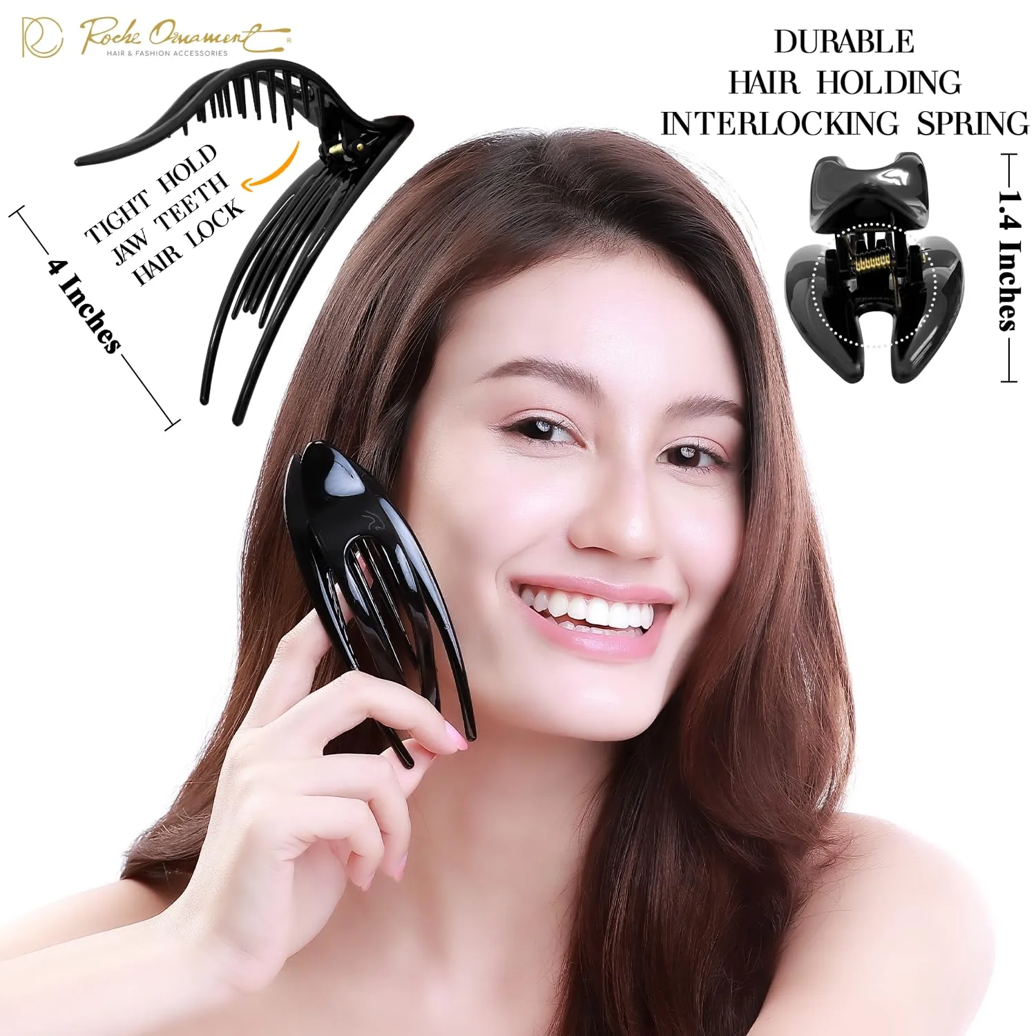 RC ROCHE ORNAMENT 6 Pcs French Concord Hair Clip Curved Thick or Thin Hair for Women No Slip Strong Grip Hold Side Slide Volume Claws Lay Down Clips Hair Bun Updo Clamp, Large Black