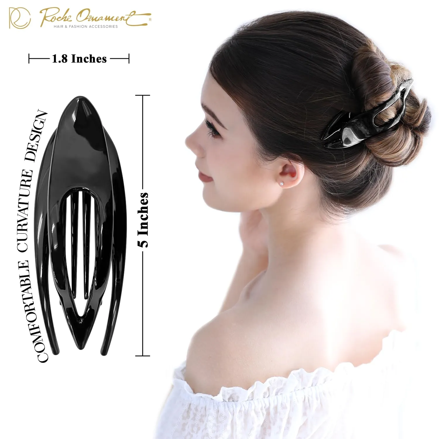 RC ROCHE ORNAMENT 6 Pcs French Concord Hair Clip Curved Thick or Thin Hair for Women No Slip Strong Grip Hold Side Slide Volume Claws Lay Down Clips Hair Bun Updo Clamp, Large Black