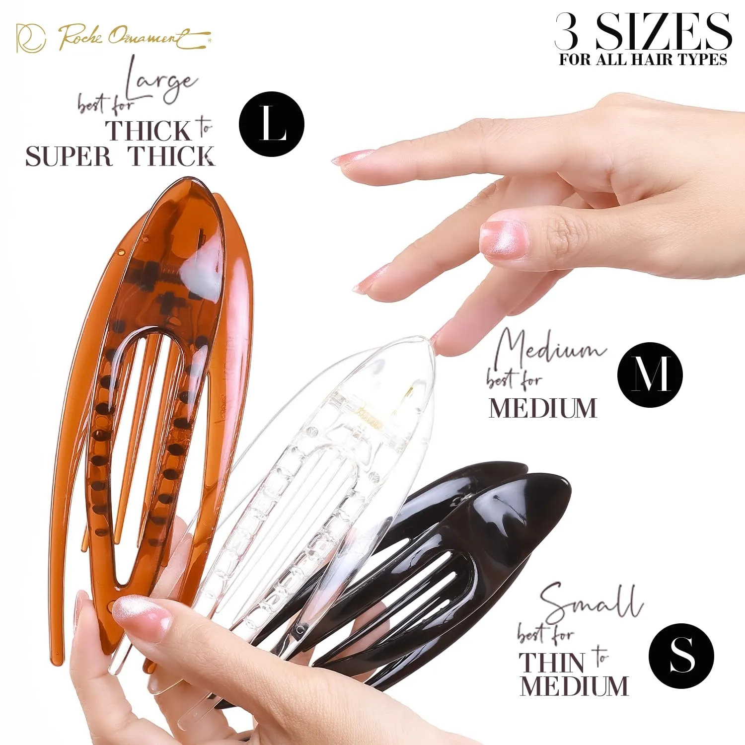 RC ROCHE ORNAMENT 6 Pcs French Concord Hair Clip Curved Thick or Thin Hair for Women No Slip Strong Grip Hold Side Slide Volume Claws Lay Down Clips Hair Bun Updo Clamp, Large Black