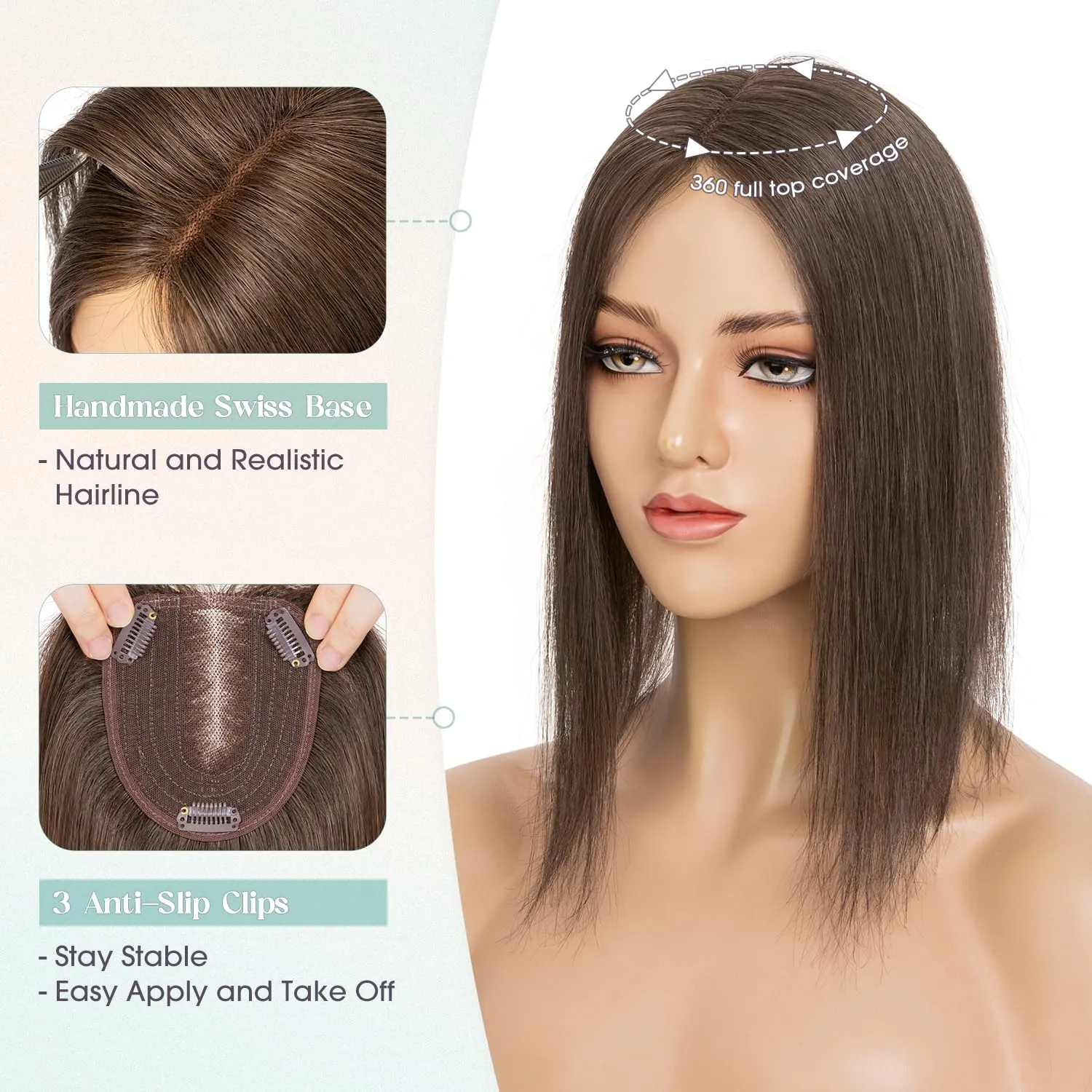 Real Human Hair Topper, 10x12cm Large Base, Dark Brown, Remy Top, Clip-in, Covers Grey Hair (10 Inch, Dark Brown)
