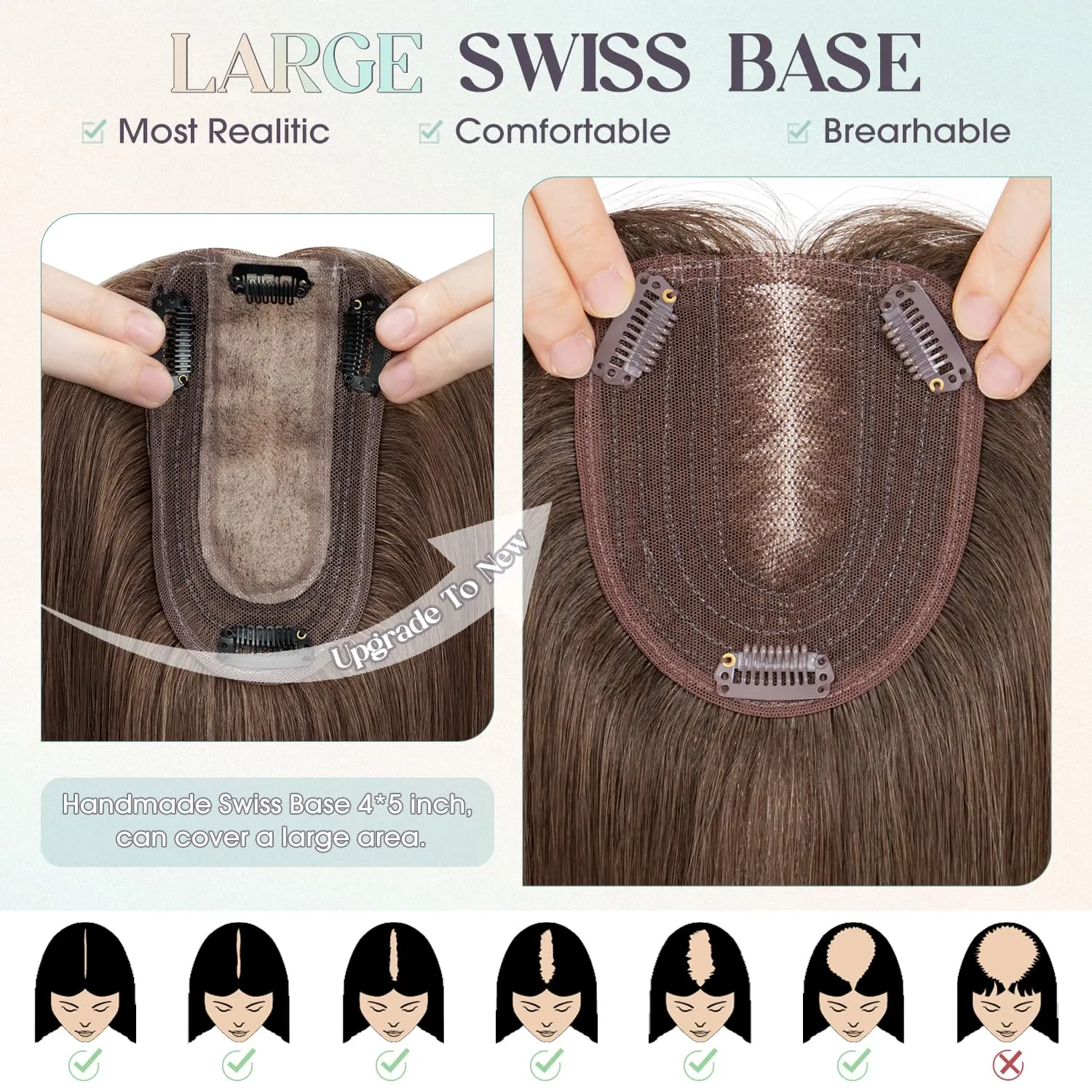 Real Human Hair Topper, 10x12cm Large Base, Dark Brown, Remy Top, Clip-in, Covers Grey Hair (10 Inch, Dark Brown)