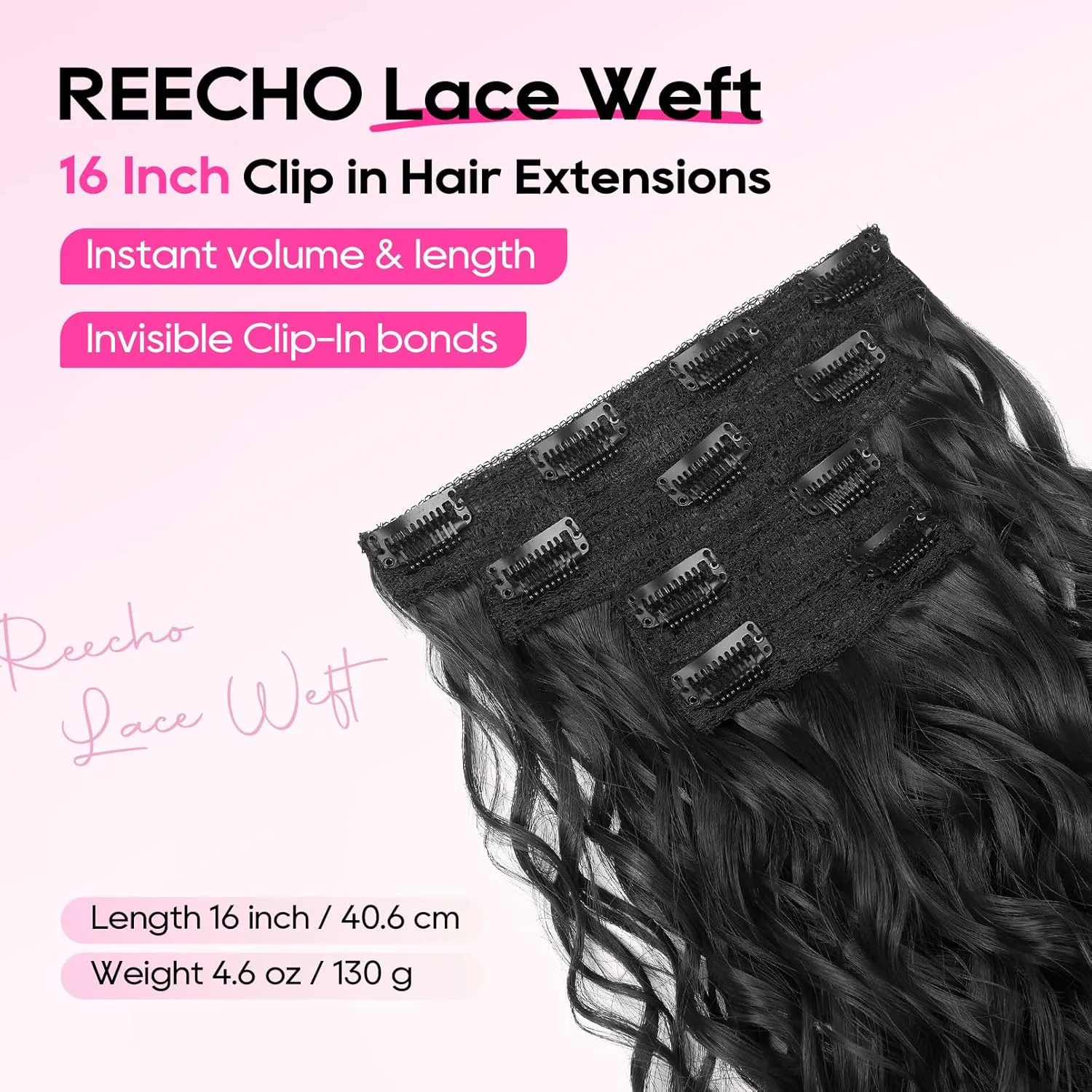 REECHO Curly Hair Extensions, 4PCS 16 inch Clip in Hair Extensions Lace Weft Short Curly Hair Extensions Clip Ins Invisible Natural Hairpieces for Women, Natural Black