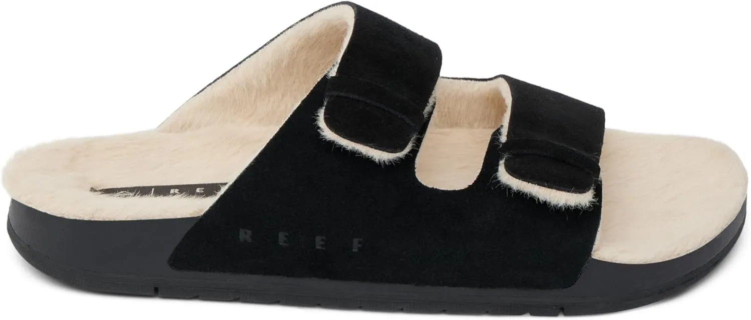 REEF Ojai Two Bar Cozy Women's Slide, Faux Fur Footbed, Full Grain Leather