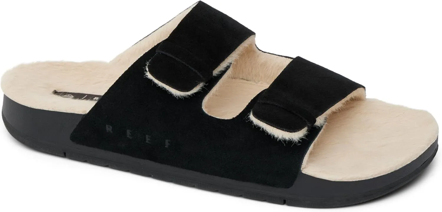 REEF Ojai Two Bar Cozy Women's Slide, Faux Fur Footbed, Full Grain Leather