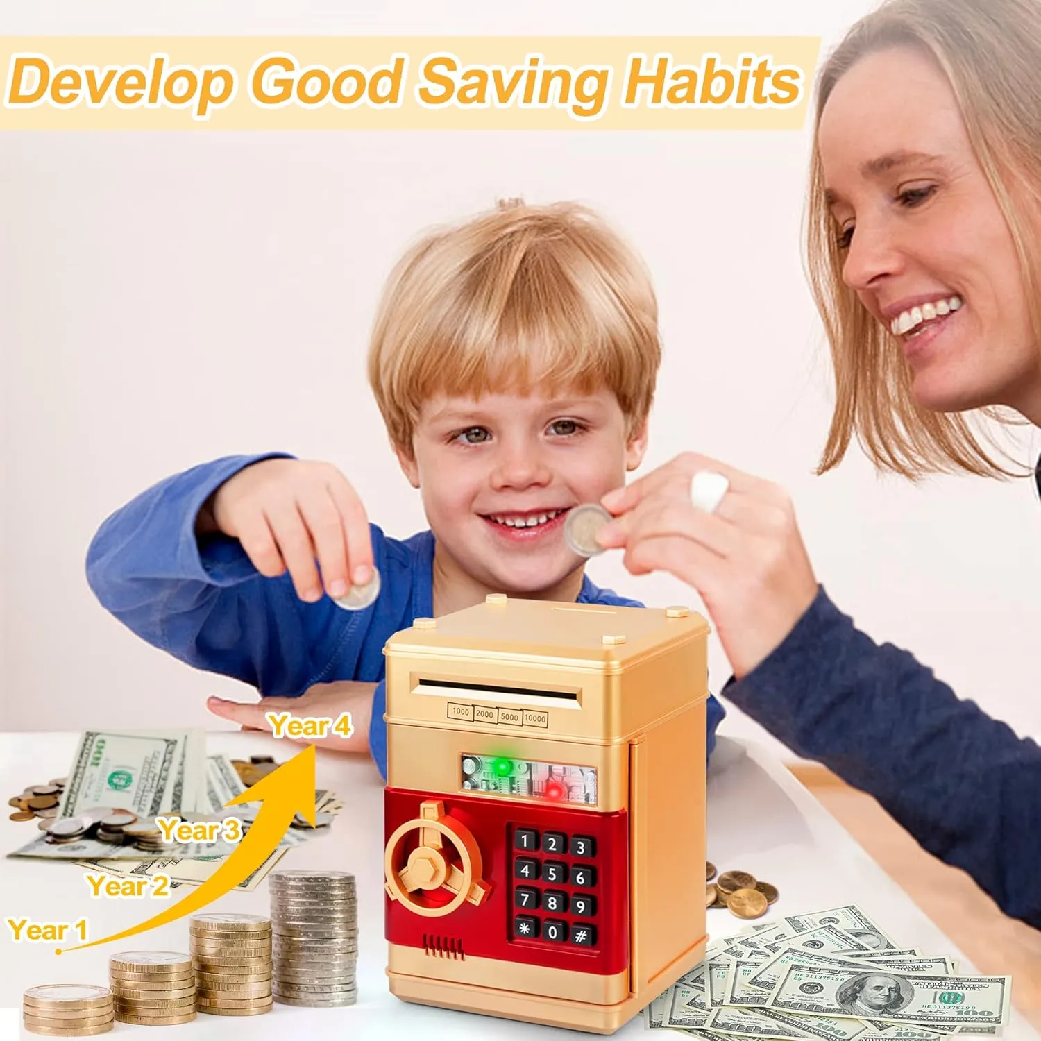 Refasy Piggy Bank Cash Coin Can ATM Bank Electronic Coin Money Bank for Kids Age 3-12, Money Savings Box Mini ATM Coin Bank Toys Gifts for 3 4 5 6 7 8 9 10 11 12 Year Old Boys Girls